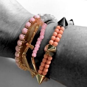 Pink peach gold stretchy bracelet stack rocker set‎ (4)